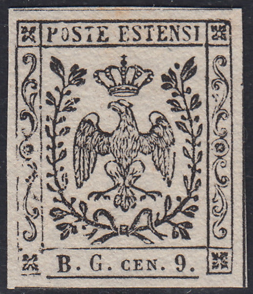 MOD110 - 1854 - Aquila estense, francobollo per giornali b.g. cen.9 lettere piccole prova su carta bianca porosa nuova non gommata (P34)