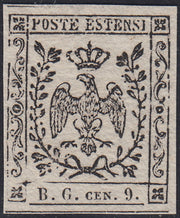 MOD111 - 1854 - Aquila estense, francobollo per giornali b.g. cen.9 lettere piccole prova su carta bianca porosa nuova non gommata (P34) (Cnali b.g. cen.9 lettere piccole prova su carta bianca porosa nuova non gommata (P34)