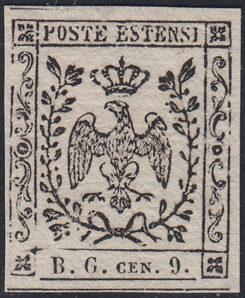 MOD111 - 1854 - Aquila estense, francobollo per giornali b.g. cen.9 lettere piccole prova su carta bianca porosa nuova non gommata (P34) (Cnali b.g. cen.9 lettere piccole prova su carta bianca porosa nuova non gommata (P34)