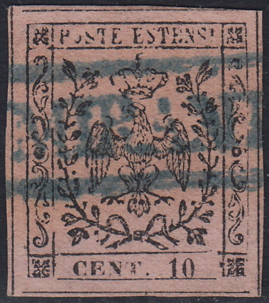 MOD126 - 1852 - Aquila estense, c. 10 rosa emissione senza punto dopo la cifra usato cartella azzurra MIRANDOLA (2, p.ti R2)