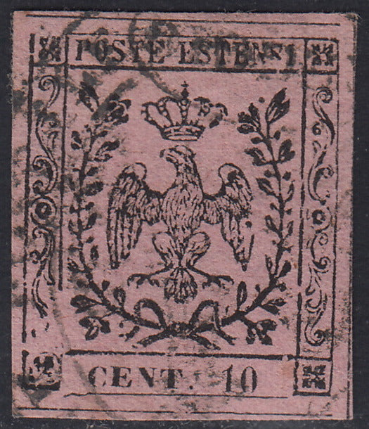 MOD129 - 1852 - Aquila estense, c. 10 rosa vivo emissione senza punto dopo la cifra usato (2a)