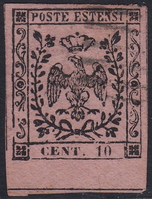 MOD141 - 1852 - Aquila estense, c. 10 rosa vivo emissione senza punto dopo la cifra con interspazio inferiore di gruppo usato (2a)