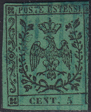 Mod147 - 1852 - Ducado de Módena emitido sin punto después del número, verde c.5 usado con cancelación azul (1)