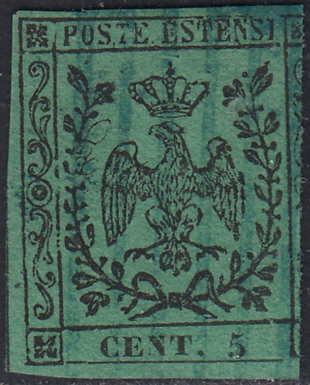 Mod147 - 1852 - Ducato di Modena emissione senza punto dopo la cifra, c.5 verde usato con annullo azzurro (1)