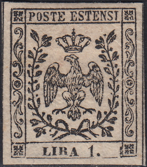 Mod149 - 1852 - Ducato di Modena emissione con punto dopo la cifra, L.1 bianco prova di stampa su carta spessa  (P28)
