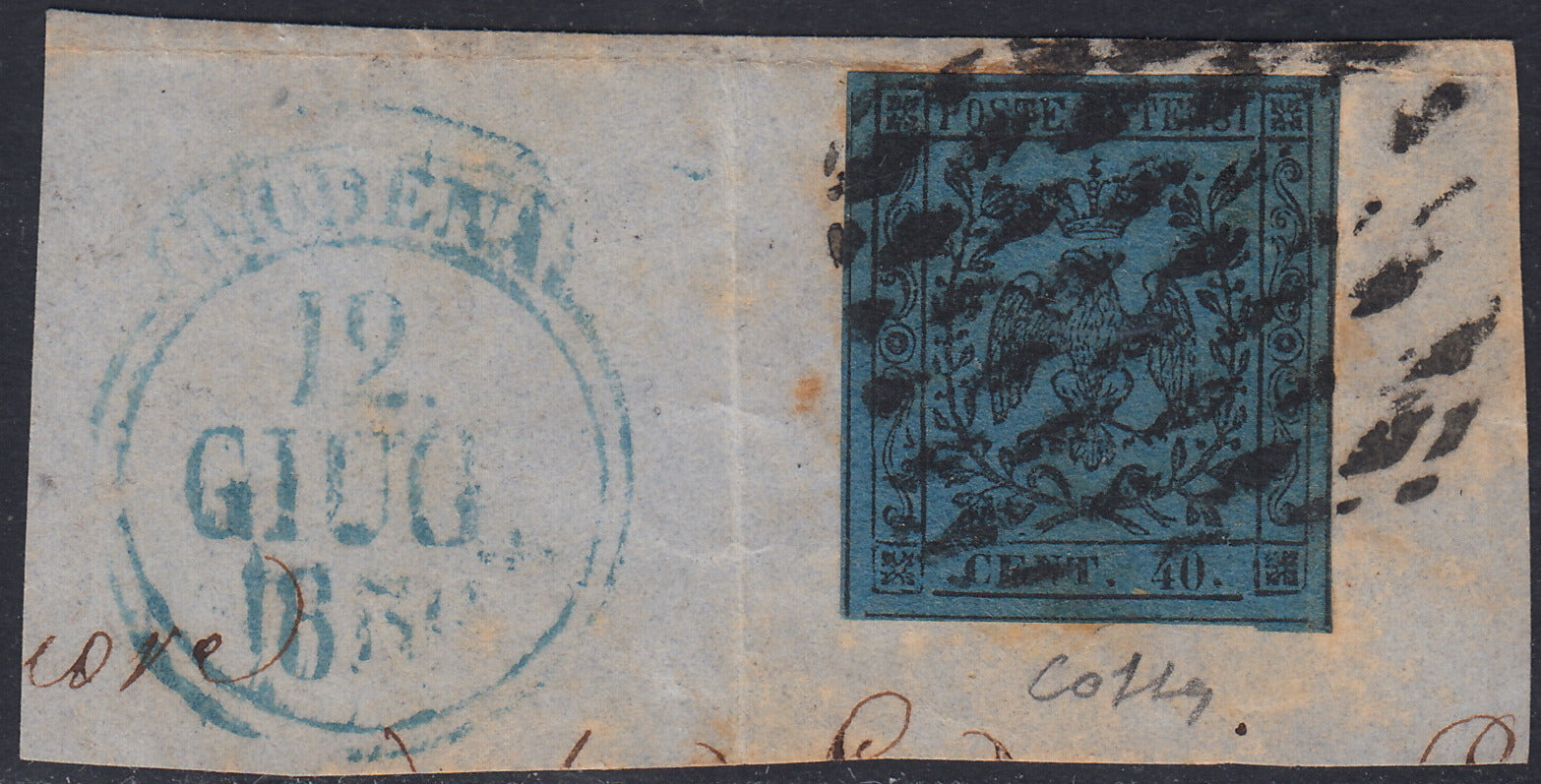 MOD152 - 1852 - Aquila estense, emissione con punto dopo la cifra, c. 40 azzurro scuro usato su frammento (10)