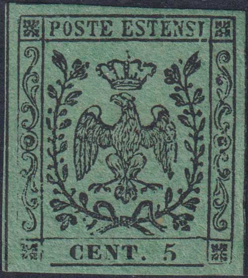 MOD155 - 1852 - Aquila estense, c. 5 verde, emissione senza punto dopo la cifra, nuovo con gomma originale (1)