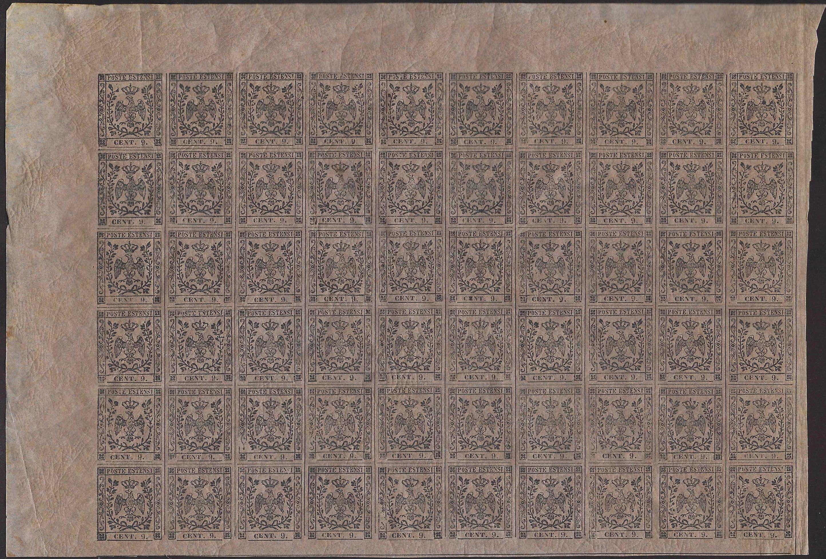 MOD159 - 1857 - Aquila estense, c. 9 violetto bruno blocco di 60 esemplari (un quarto di foglio) nuovo con gomma integra (3)
