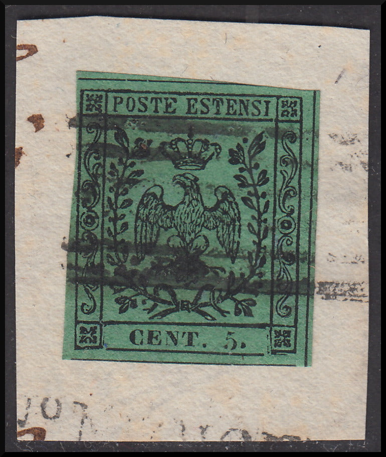 Mod36 - 1852 - Aquila estense, emissione con punto dopo la cifra, c. 5 verde usato su frammento (7)