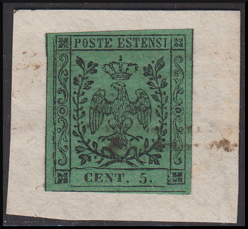 Mod37 - 1852 - Aquila estense, emissione con punto dopo la cifra, c. 5 verde usato su frammento (7)