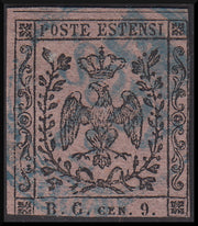 MOD58 - 1854 - Aquila estense, francobollo per giornali b.g. cen.9 violetto grigio usato (2)