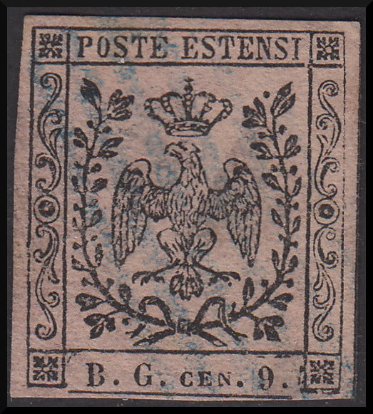 MOD60 - 1854 - Aquila estense, francobollo per giornali b.g. cen.9 violetto grigio usato (2)