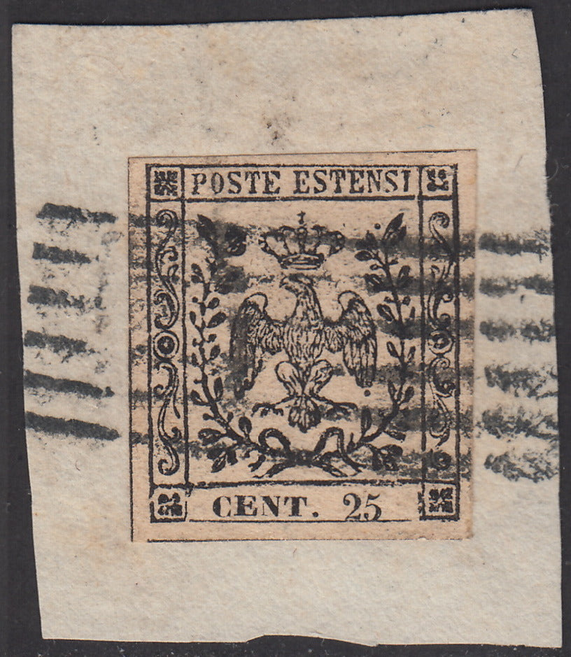 MOD72 - 1852 - Aquila estense, emissione senza punto dopo la cifra, c. 25 camoscio chiaro usato su frammento (3)