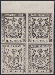 MOD87 - 1853 - Aquila estense, prova del francobollo per giornali B.G.cen.9 formato piccolo su carta  bianca vergata, blocco di 4 esemplari pos. 127/8, 137/8 (P34).