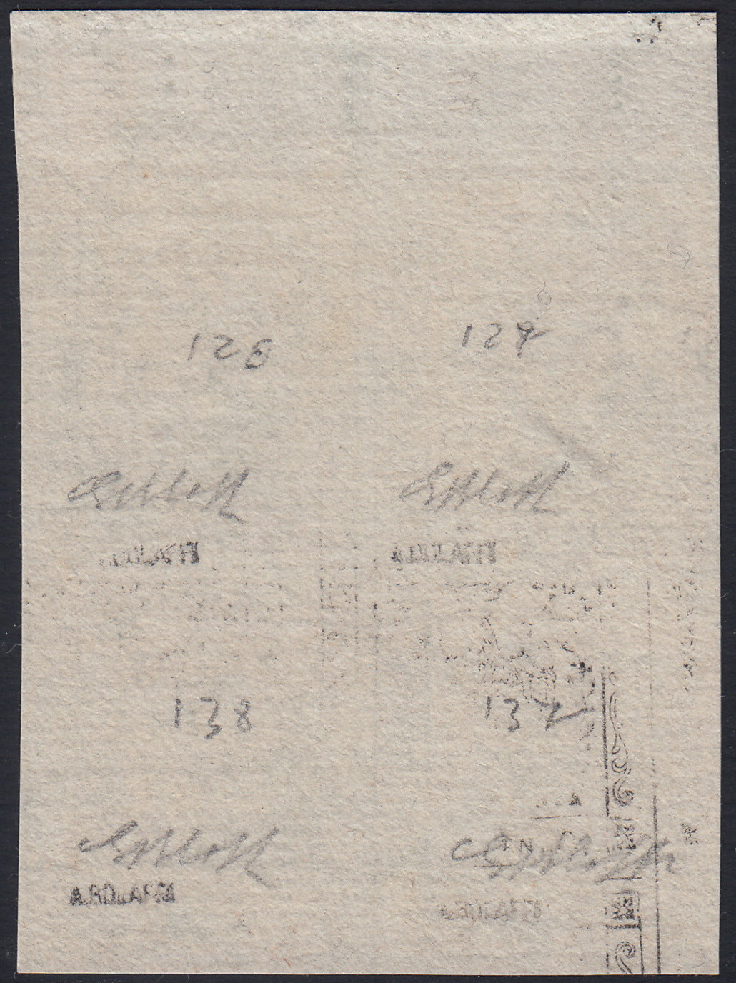 MOD87 - 1853 - Aquila estense, prova del francobollo per giornali B.G.cen.9 formato piccolo su carta  bianca vergata, blocco di 4 esemplari pos. 127/8, 137/8 (P34).