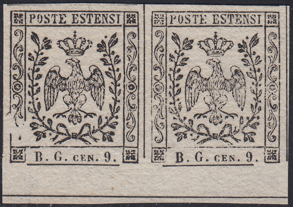 MOD96 - 1854 - Aquila estense, francobollo per giornali b.g. cen.9 lettere piccole prova su carta bianca porosa nuova non gommata coppia orizzontale con interspazio in basso (P34)