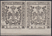 MOD96 - 1854 - Aquila estense, francobollo per giornali b.g. cen.9 lettere piccole prova su carta bianca porosa nuova non gommata coppia orizzontale con interspazio in basso (P34)