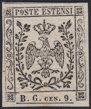 MOD98 - 1854 - Aquila estense, francobollo per giornali b.g. cen.9 lettere piccole prova su carta bianca porosa nuova non gommata (P34)