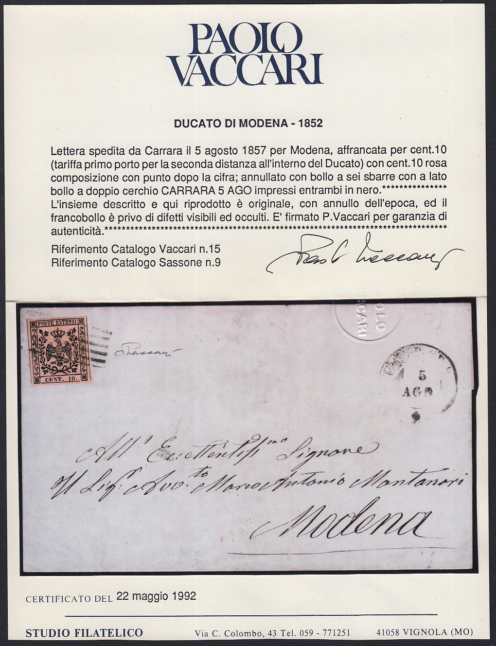 MSP12 - 1856 - Emissione con punto dopo la cifra, c. 10 rosa su lettera da Carrara per Modena (9)