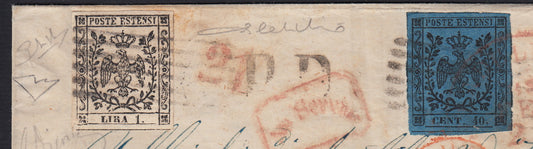 MSP14 - 1858 - Emissione con punto dopo la cifra, c. 40 azzurro + L. 1 bianco su lettera da Carrara per Philadelphia 4/2/58 (10 + 11)