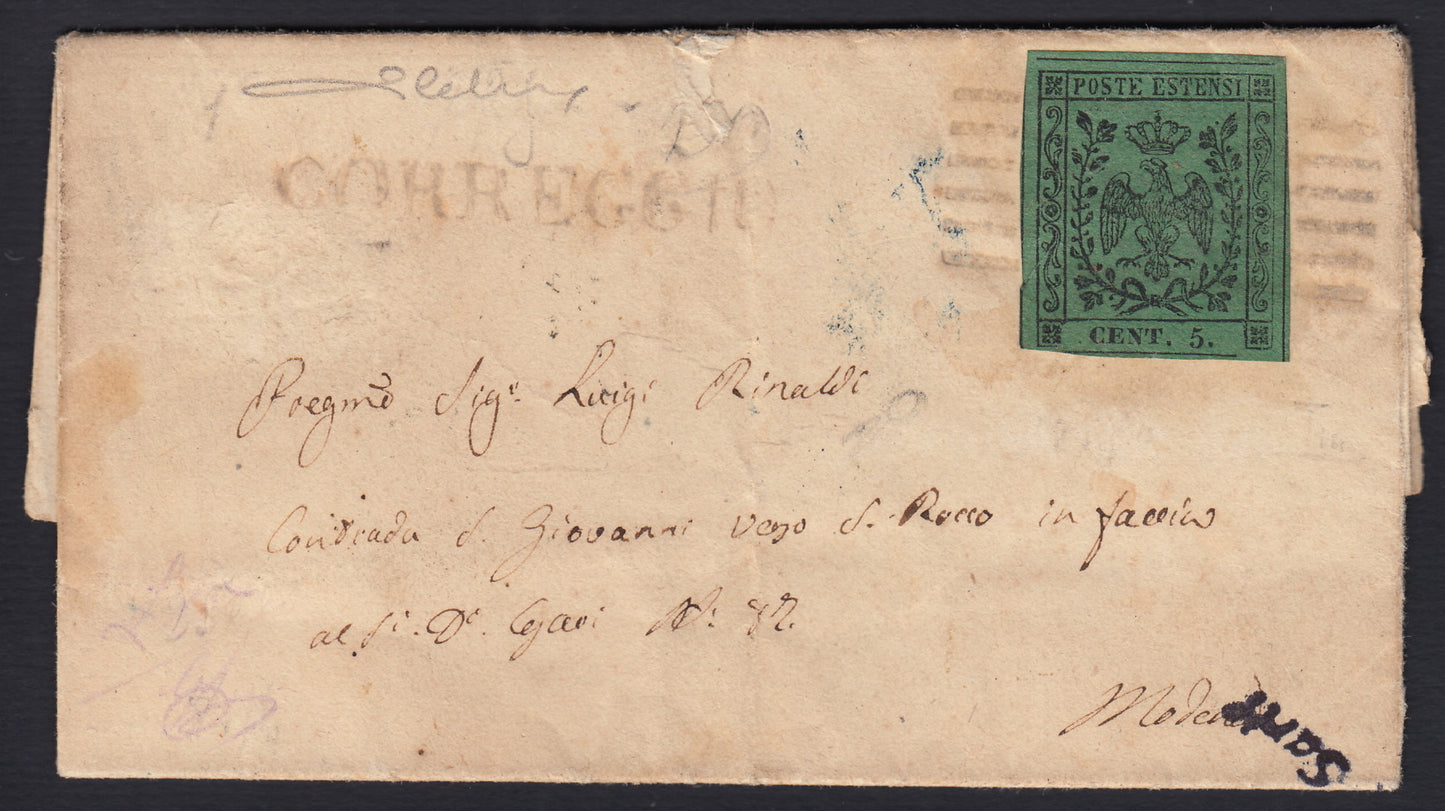 MSP16 - 1854 - Issue with dot after the figure, c. 5 green on letter from Correggio to Modena 21/1/54 (7)