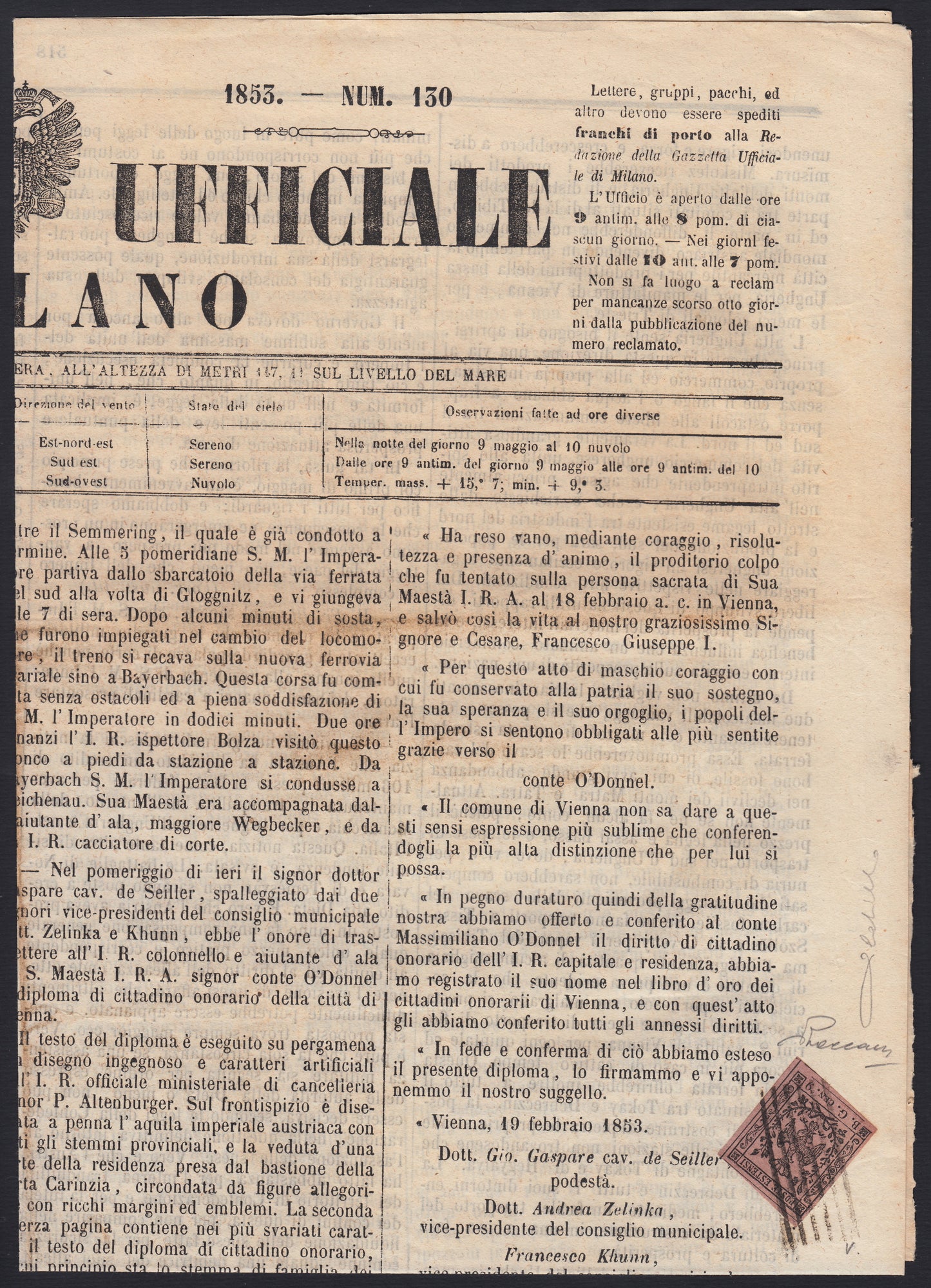 MSP20 - 1853 - Giornale "Gazzetta Ufficiale di Milano" n. 130 del 1853 affrancato con B.G. Cen.9 lilla grigio lettere grandi (1)