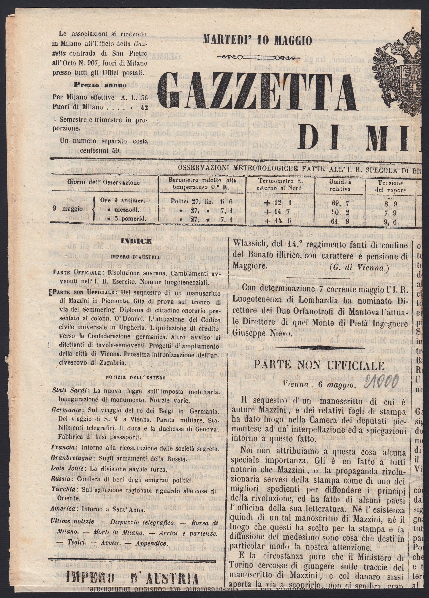 MSP20 - 1853 - Giornale "Gazzetta Ufficiale di Milano" n. 130 del 1853 affrancato con B.G. Cen.9 lilla grigio lettere grandi (1)