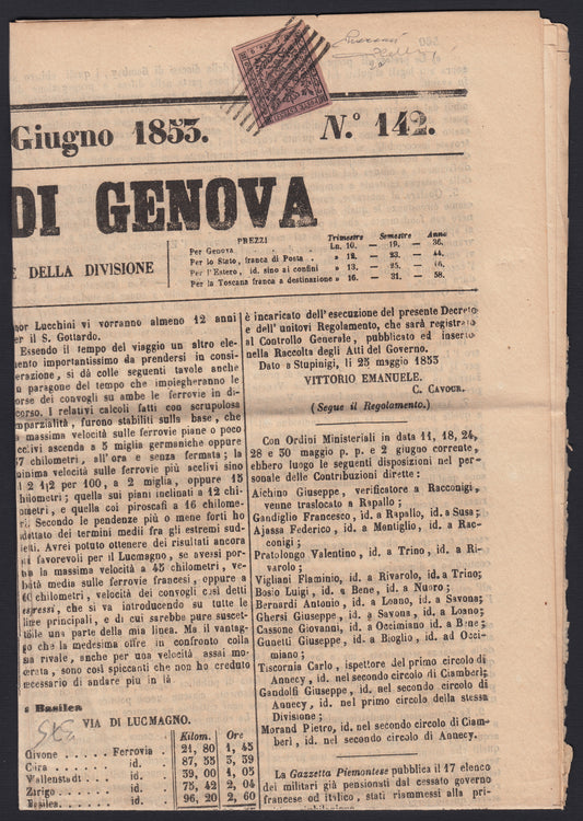 MSP22 - 1853 - "Gazzetta di Genova" newspaper dated 17/6/53 stamped with BG Cen.9 lilac gray (2)