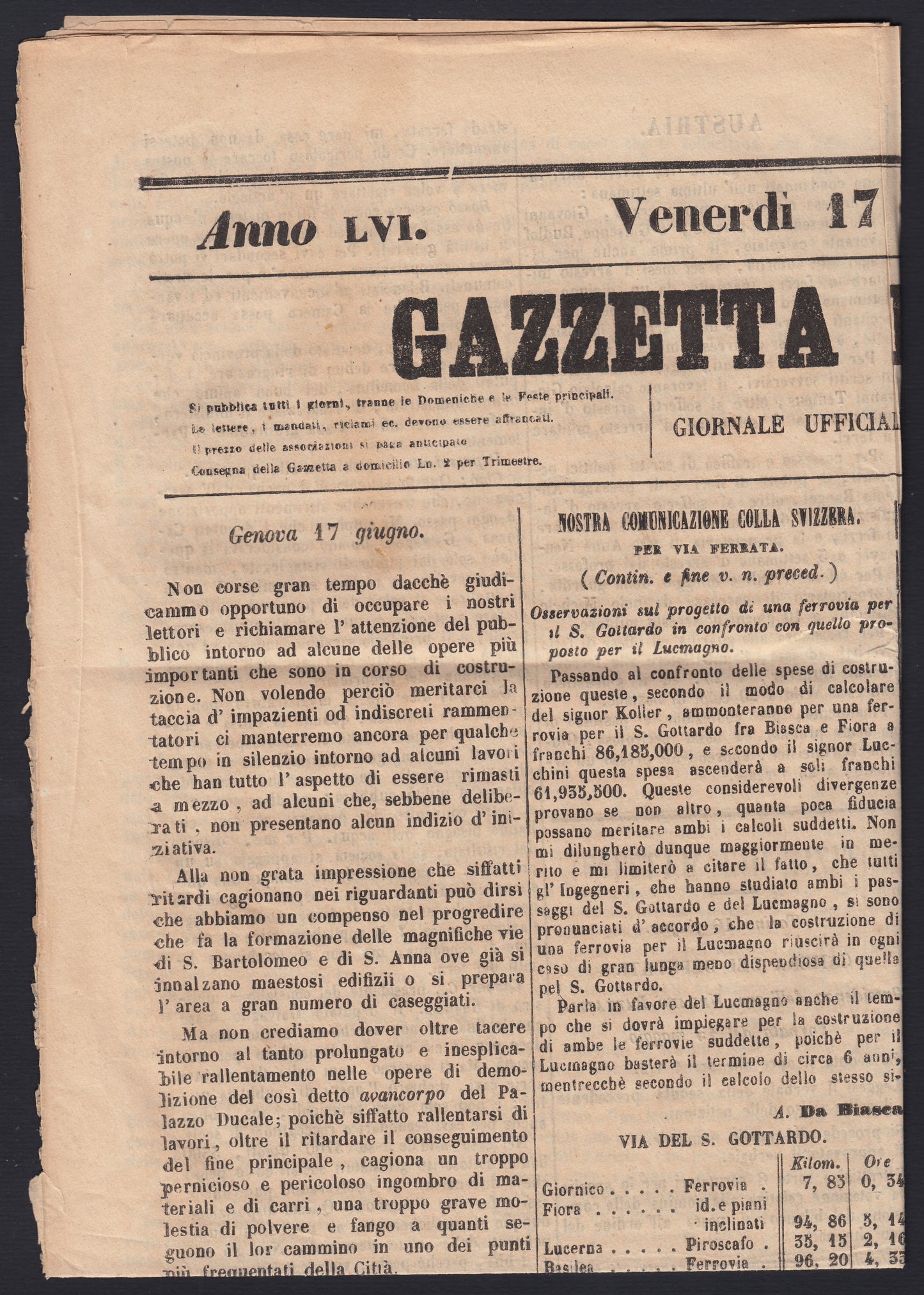 MSP22 - 1853 - Giornale "Gazzetta di Genova" del 17/6/53 affrancato con B.G. Cen.9 lilla grigio (2)