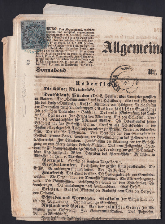 MSP24 - 1858 - Giornale "Allgemeine Beitung" del 22/5/58 affrancato con c.10 grigio  (4a)