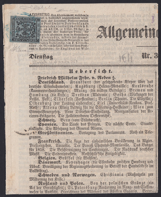 MSP25 - 1857 - "Allgemeine Beitung" newspaper dated 12/15/57 stamped with c.10 gray lilac with typesetting variety "CEN1" instead of "CENT" (4b)