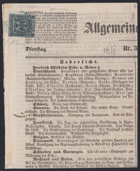 MSP25 - 1857 - Giornale "Allgemeine Beitung" del 15/12/57 affrancato con c.10 lilla grigio con varietà di composizione tipografica "CEN1" invece di "CENT" (4b)