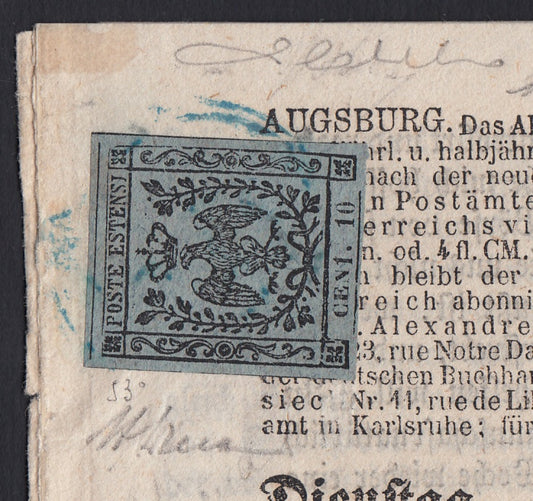 MSP25 - 1857 - Giornale "Allgemeine Beitung" del 15/12/57 affrancato con c.10 lilla grigio con varietà di composizione tipografica "CEN1" invece di "CENT" (4b)