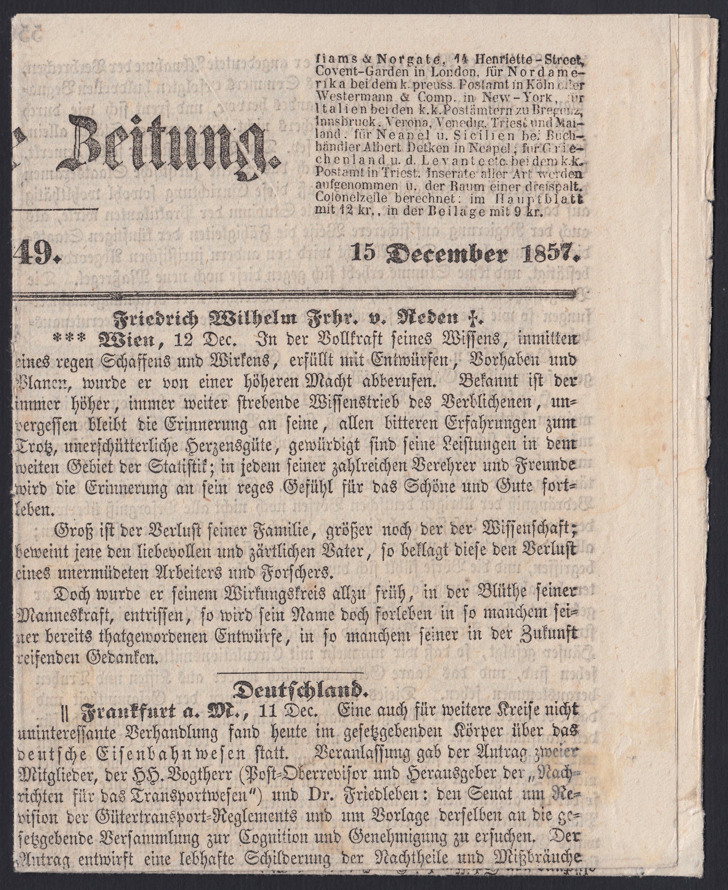 MSP25 - 1857 - Giornale "Allgemeine Beitung" del 15/12/57 affrancato con c.10 lilla grigio con varietà di composizione tipografica "CEN1" invece di "CENT" (4b)