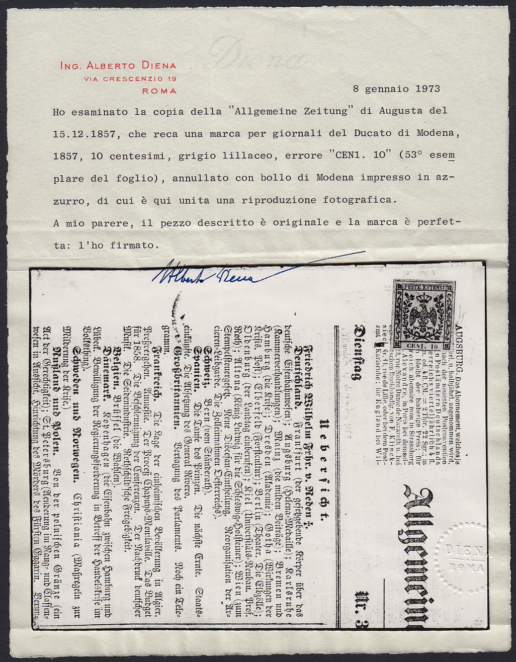 MSP25 - 1857 - Giornale "Allgemeine Beitung" del 15/12/57 affrancato con c.10 lilla grigio con varietà di composizione tipografica "CEN1" invece di "CENT" (4b)