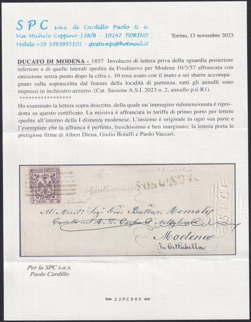 MSP8 - 1857 - Emissione senza punto dopo la cifra, c. 10 rosa su lettera da Fosdinovo per Modena 10/3/57 (2, p.ti R1)