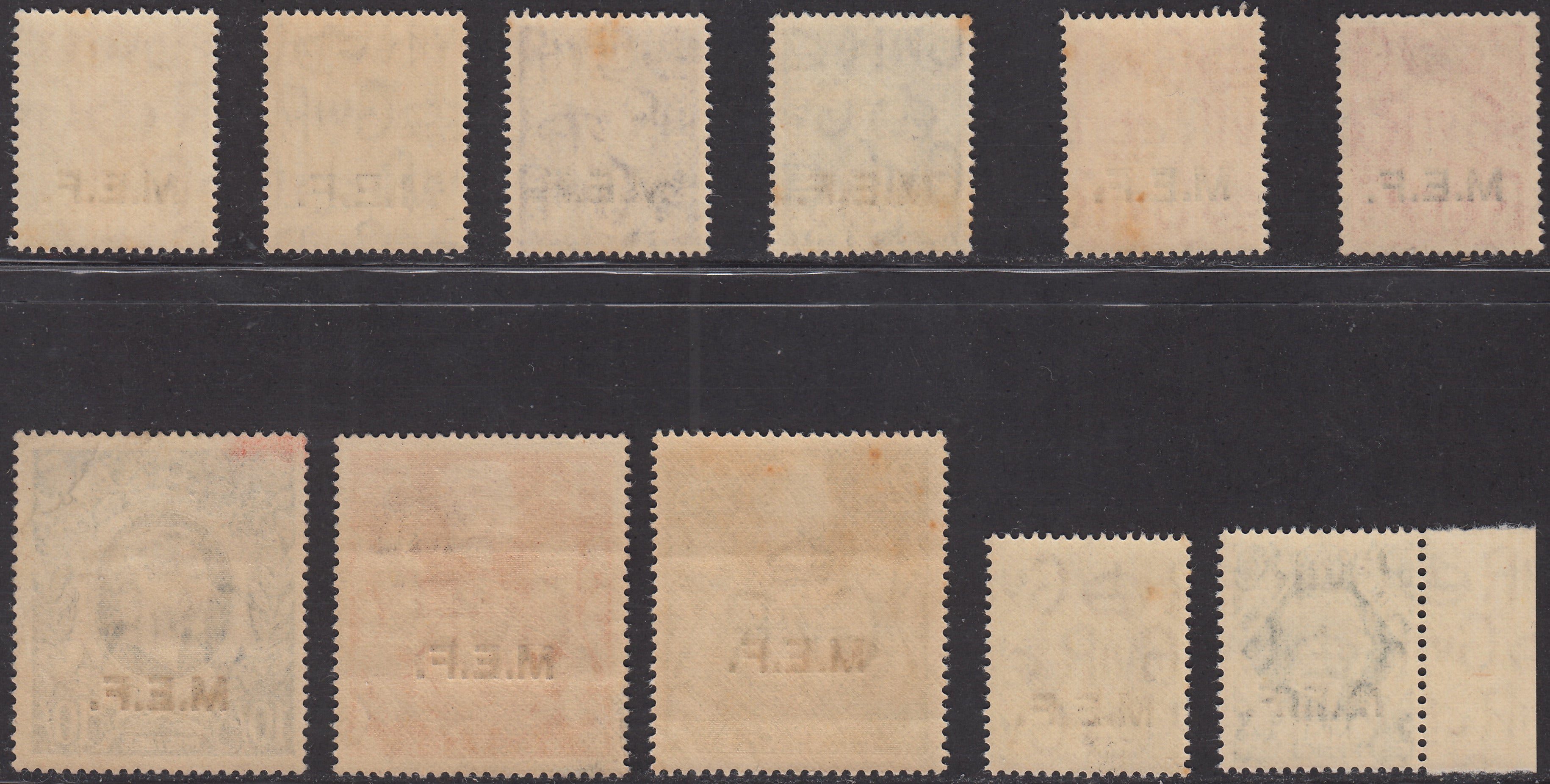 MEF1 1943/47 - Francobolli di Gran Bretagna, effigie di Giorgio VI soprastampati M.E.F. tiratura di Londra nuovi con gomma integra (6/16)