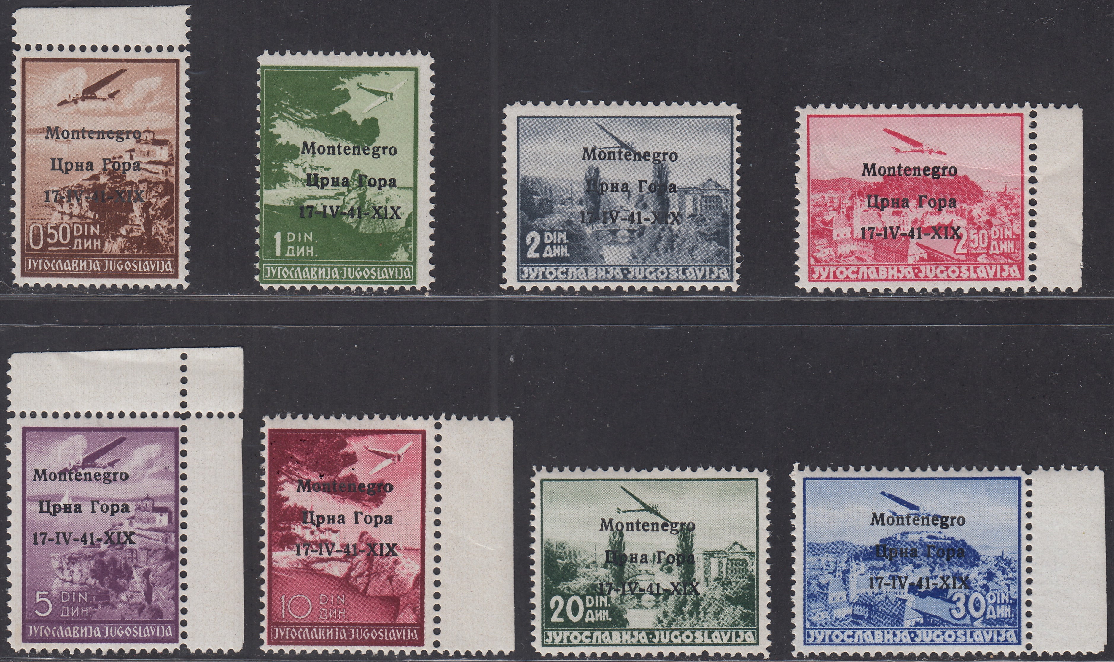 MONTE13 - 1941 - Francobolli di posta Aerea jugoslava soprastampati "Montenegro 17/IV/41 - XIX" serie 8 valori nuova gomma integra (1/8)