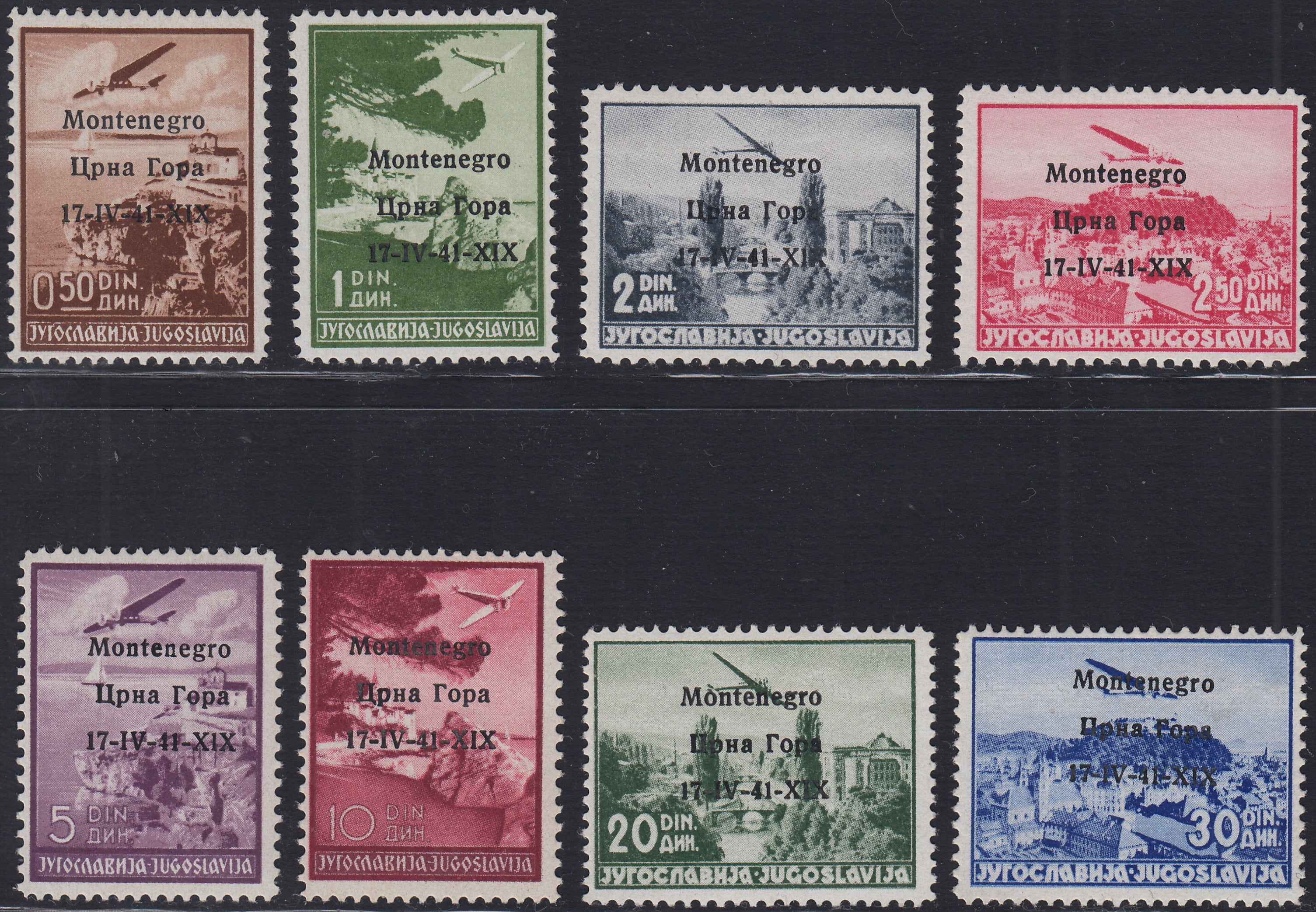 Monte40 - 1941 -  Occupazione Italiana del Montenegro, francobolli di Posta Aerea di Jugoslavia con soprastampa "Montenegro 17-IV-41 - XIX" nuovi integri (A1/8)