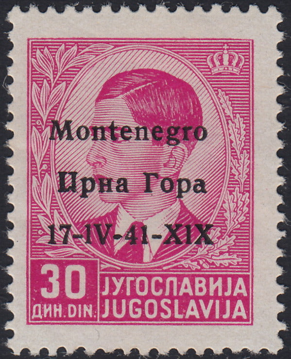 Monte42 - 1941 -  Occupazione Italiana del Montenegro, 30d. rosa lilla con soprastampa "Montenegro 17-IV-41- XIX" carattere bastoncino nuovo con gomma (14pb)
