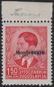 Monte43 - 1941 -  Occupazione Italiana del Montenegro, Saggio di soprastampa posizione n. 1 "Montenegro" 1,50d. rosso (3, saggio)