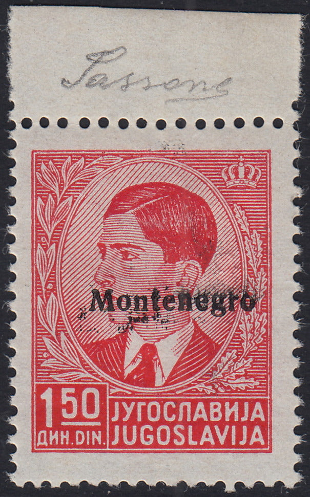 Monte43 - 1941 -  Occupazione Italiana del Montenegro, Saggio di soprastampa posizione n. 1 "Montenegro" 1,50d. rosso (3, saggio)