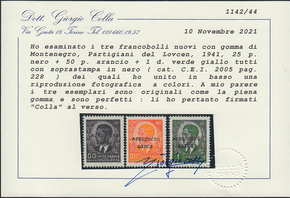 Monte44 - 1941 -  Partigiani del Lovcen, serie dei tre valori noti con soprastampa nera nuovi con gomma originale (CEI 2005 pag. 158)