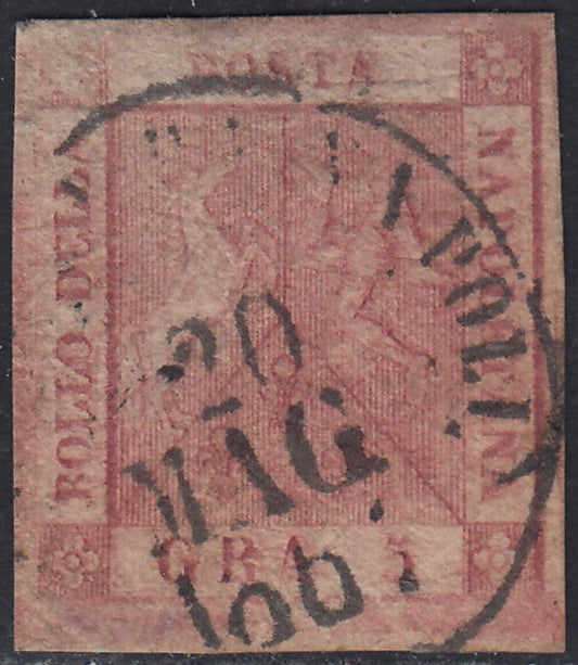 Nap34 - 1858 - 5 grana carminio rosa II tavola usato con cerchio borbonico Partenza da Napoli (9).