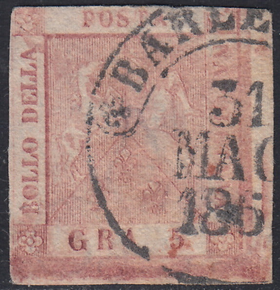Nap35 - 1858 - 5 grana rosa brunastro I tavola usato con cerchio borbonico di Barletta (8).
