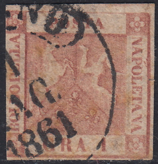 Nap37 - 1858 - 1 carmine pink grain II table used with Bourbon circle cancellation in the period of the Kingdom of Italy (4). 