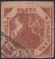 NAP44 - 1858 - Stemma delle Due Sicilie, 2 grana carminio cupo III tavola usato (7f)