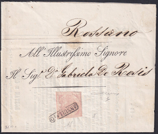 NAPSP17 - 1858 - Manifesto spedito da Napoli per Rossano Calabro 16/10/58 con 1/2 grano rosa chiaro I tavola (1)