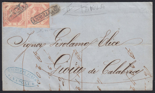 NAPSP5 - 1858 - Letter sent from Naples to Gioia di Calabria franked with 2 brownish pink grana III plate two copies (7) 