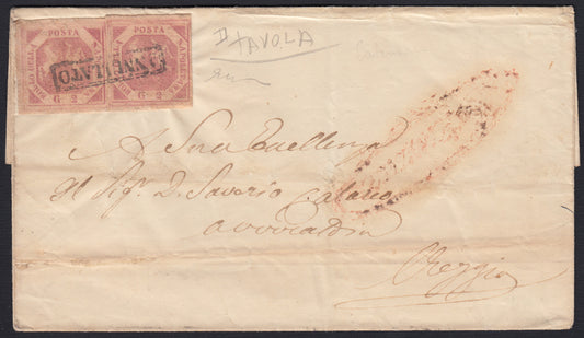 NAPSP6 - 1858 - Letter sent from Catanzaro to Reggio stamped with 2 lilac pink grana I plate two copies (5th) 